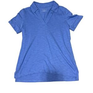 Talbots Polo Shirt Womens Size S Blue Cotton Modal Slub Knit V-Neck Short Sleeve